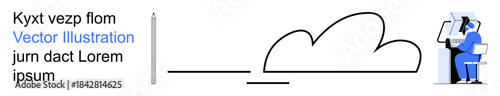 Cloud computing, technology integration, remote work, digital communication, virtual services, data storage. Modern flat-styled ion of a digital interface with a professional seated at a desk. Cloud