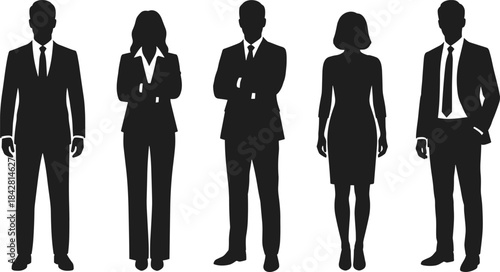 Silhouettes of business professionals standing in formal attire, corporate team illustration for office, leadership, workforce, presentation, branding, workplace projects