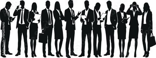 Silhouettes of business professionals standing in various poses, corporate team communication illustration for office, leadership, teamwork, planning, presentation projects