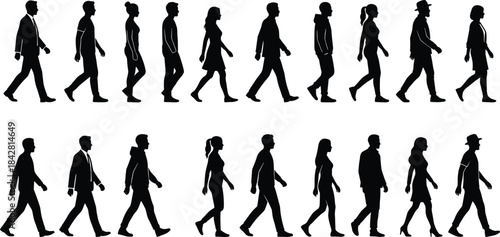 Silhouettes of diverse people walking in profile view, everyday movement illustration for lifestyle, crowd, urban scene, animation design projects
