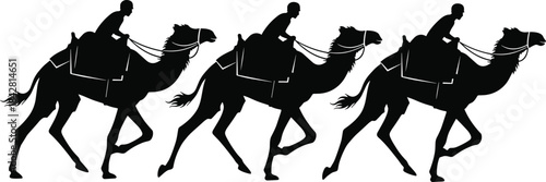 Three Black Silhouettes of Camel Riders on a Journey, Running Across a Desert Landscape, Illustrating Caravan Transportation, Travel, and Traditional Middle Eastern Culture
