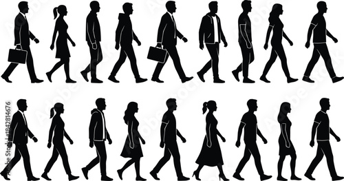 Silhouettes of diverse people walking in profile view, urban lifestyle movement illustration for crowd, commuting, pedestrian, animation, design projects