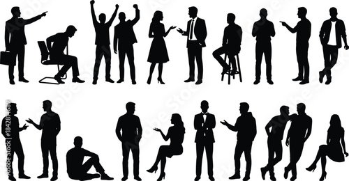 Silhouettes of people interacting in various poses, business and casual communication scenes, standing sitting gestures collection for design projects