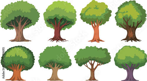Tree illustration, foliage, trunk, nature, green, cartoon, stylized, plant, forest, seasonal, decorative, vector, icon, design, landscape, botanical, outdoor, leaf, environment, diversity