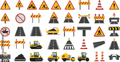 Collection of road construction icons showing warning signs, barriers, traffic cones, machinery, roadway symbols, and safety elements