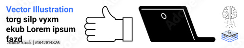 Business approval, digital communication, innovation, online work, artificial intelligence, productivity. A thumbs-up icon next to a laptop and an abstract brain symbol. Business approval and digital