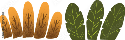 Stylized Leaf Icons – Orange-Brown and Green Botanical Elements with Vein Texture on Transparent Background for Nature, Seasonal, Eco, UI, Web, Poster, Branding, or Creative Graphic Design Projects