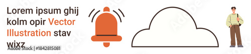 Notifications, digital alerts, technology communication, modern interfaces, minimal design, information flow. A bell icon, cloud outline and person next to text. Notifications and digital alerts