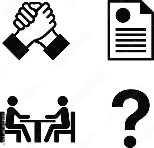 Business communication icons featuring handshake agreement document meeting discussion question support symbols for corporate teamwork negotiation and problem solving