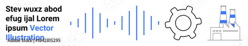 Technology development, sound engineering, industrial automation, factory production, machinery systems, innovation. Blue sound waves, gear symbol and factory building. Technology development
