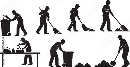 Set of garbage workers silhouettes, people throwing trash in bins, man carrying trash bags, pushing bin, person throwing waste into container, sanitation worker activity vector