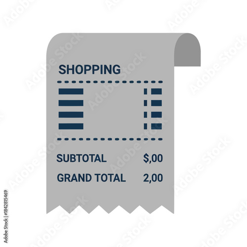 Minimalist shopping receipt illustration, detailed bill layout, payment confirmation design, electronic sales document, invoice template, gray color scheme, commerce graphic
