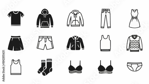 Collection of clothing items and apparel icons for fashion and style.