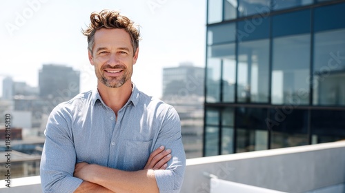Confident Smile: A portrait of a charismatic figure radiates warmth and professionalism against the backdrop of an urban landscape, embodying the essence of success and approachability.