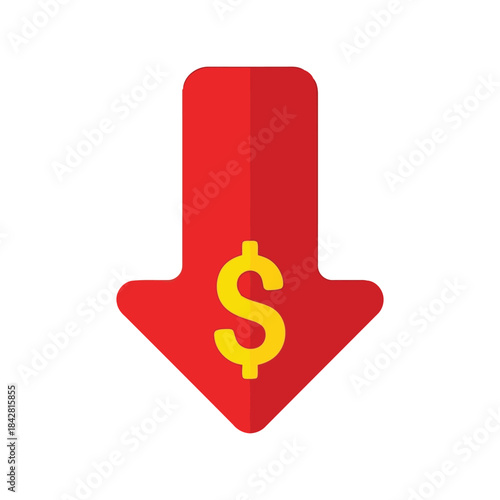 Red downward arrow with dollar sign, financial decline concept, money loss symbol, economic downturn illustration, budget decrease graphic, vector design