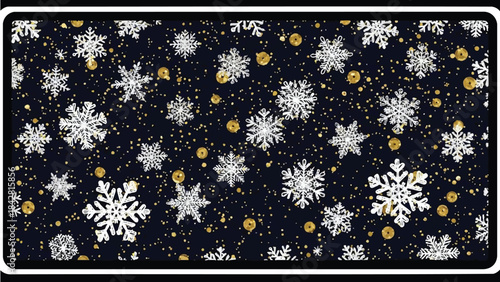 Snowflakes and gold dots on a dark background pattern illustration