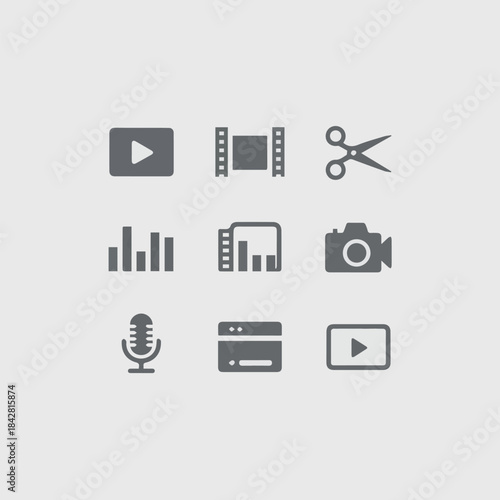 video editing icon editor content creator gray symbol bundle on white background.
