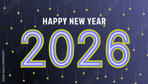 Happy New Year 2026 beautiful design of numbers and shapes on dark background. Modern winter holiday greeting banner, poster or greeting card template