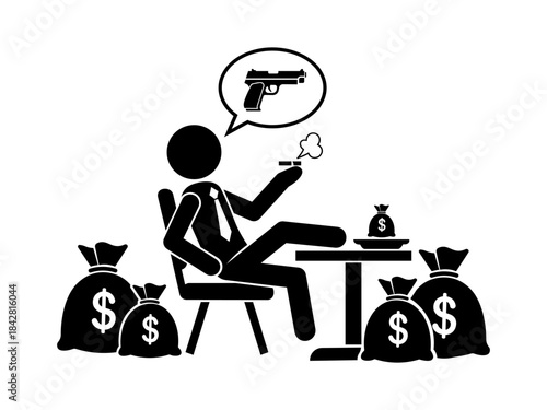 Stickman Crime Boss Illustration – Money Bags, Smoking Character, Illegal Activity Concept Icon.
