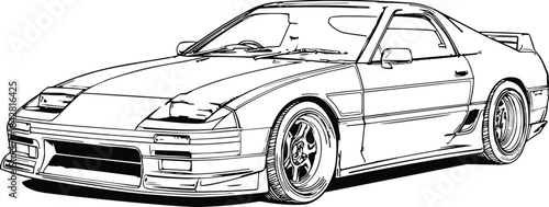 Detailed sports car illustration showcasing aerodynamic design, modified body kit, performance styling, racing culture, and automotive art