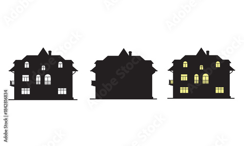 Three black silhouettes of old european mansion facades with windows