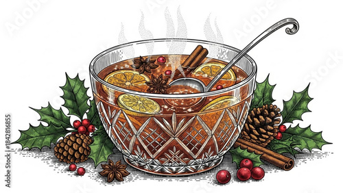 Festive Brew: A steaming bowl of warmly spiced punch with festive garnishes, hinting at a cozy holiday gathering, inviting viewers to imagine the delicious flavors and seasonal joy.