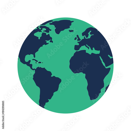 Stylized Vector Illustration of Earth Globe with Green and Dark Blue Colors, Symbolizing Global Connections and Environmental Awareness