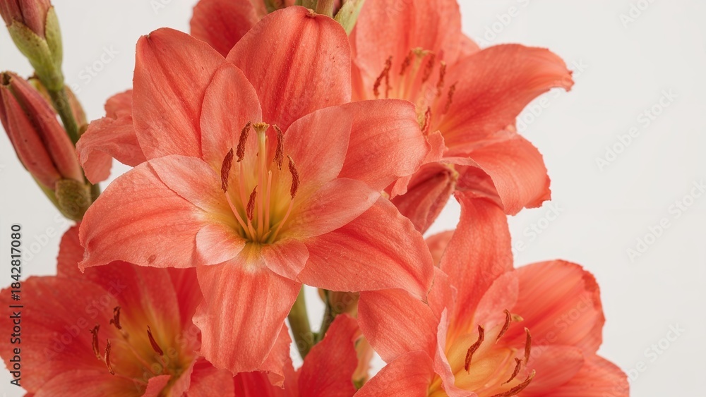 Fototapeta premium Pink and peach-colored flowers, likely amaryllis, with green buds and stems.