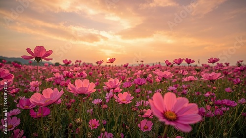Sunset over a field of pink flowers at dusk.