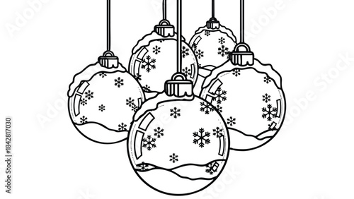 Four Christmas ornaments hang with snowflakes on them from strings.