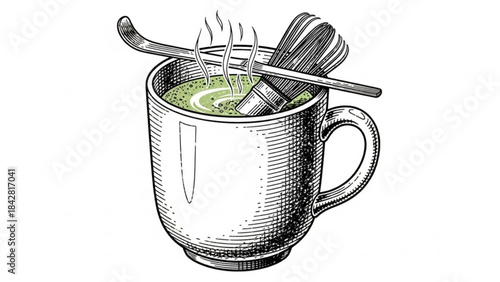 Matcha Tea Ceremony: An intimate illustration, presenting a steaming cup of matcha, along with its traditional whisk and scoop.