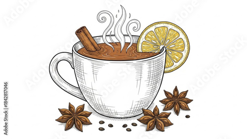 Warm Winter Beverage: A detailed artistic depiction of a steaming cup, enhanced with the fragrant warmth of a cinnamon stick, lemon slice, star anise, evoking a cozy winter scene.