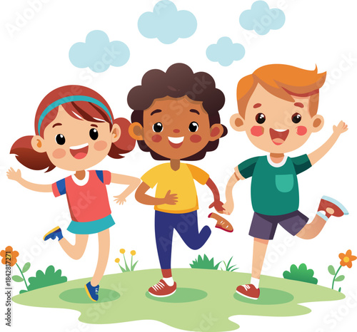 Cute cartoon vector of children playing actively outdoors (jumping, running), promoting child fitness, white background.