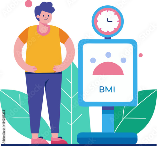 Flat design vector of a person standing on a weighing scale, showing body mass index (BMI) data on a screen, white background.