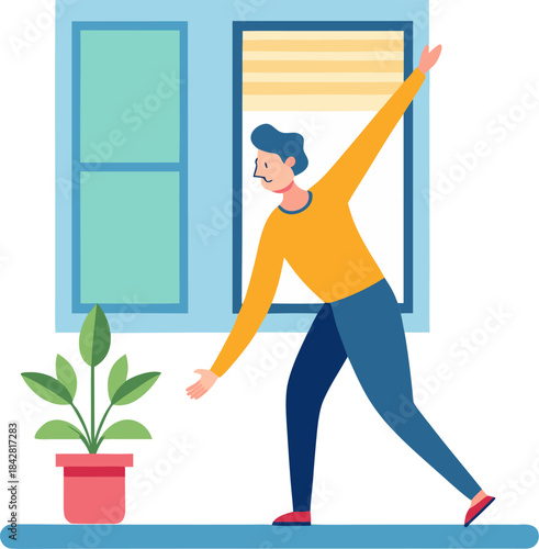 flat vector illustration of a person doing simple morning stretches next to a window, symbolizing routine, white background., 