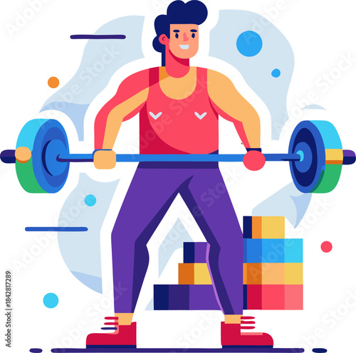 Flat vector illustration of a person lifting weights in a modern gym setting, bright health colors, white background.