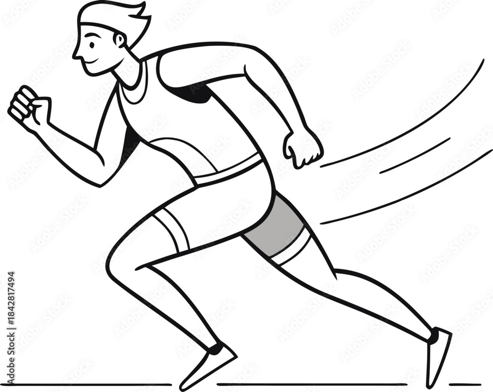 Fototapeta premium Minimalist line art vector of a runner crossing a finish line with a determined expression, dynamic movement, white background.