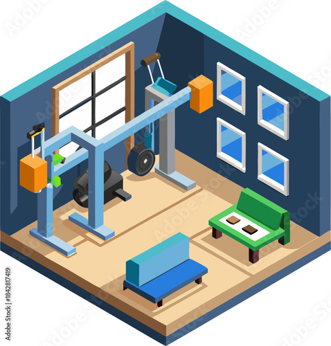 Isometric vector illustration of a small, well-equipped home gym setup, clean and tidy, white background.