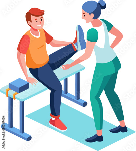Isometric vector illustration of a therapist helping a patient with leg exercises, rehabilitation concept, white background.