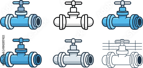 Set of water valve pipe illustrations showing plumbing equipment, industrial control systems, fluid regulation, and mechanical design