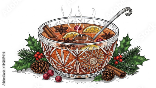 Festive Warm Drink: A beautifully presented holiday drink, garnished with spices and seasonal fruit, perfect for warming up the atmosphere.