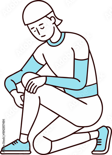 Minimalist line art vector of a person icing a knee injury, showing recovery and self-care, white background.