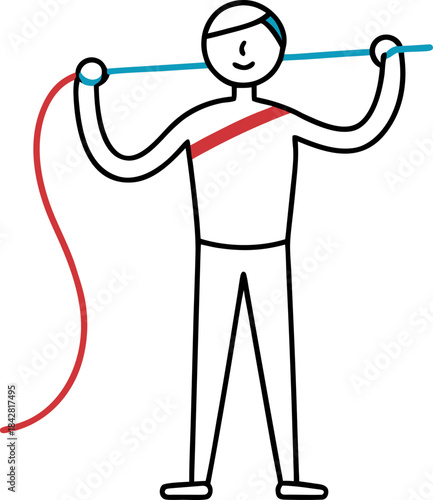 Minimalist line art vector of a person using a resistance band for arm exercises, simple equipment, white background.