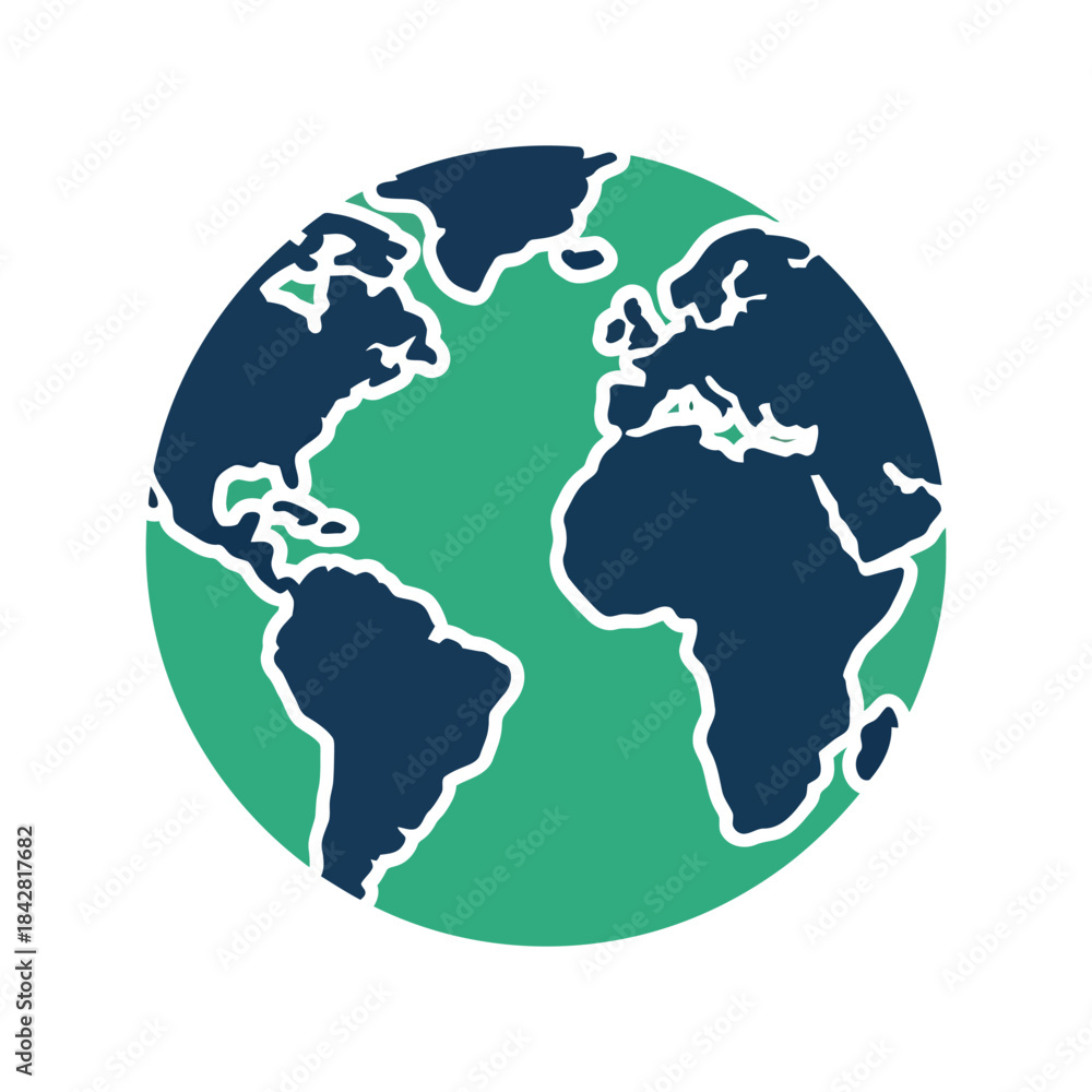 Obraz premium Stylized Globe Illustration Depicting Earth's Continents in Vibrant Blue and Green Shades for Global Themes and Educational Use