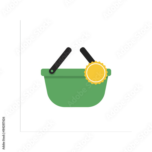 Modern Green Shopping Basket Icon with Certification Seal for Organic Products, Sustainable Shopping, Fresh Produce Illustration