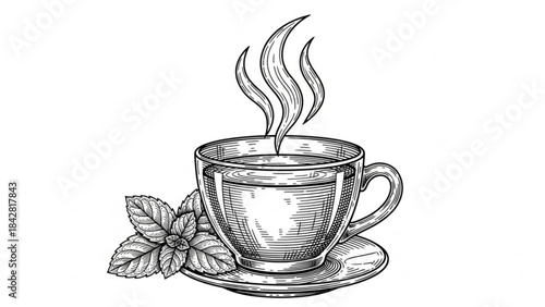 Aromatic Tea Delight: An artistic portrayal of a steaming cup of tea, with fresh mint leaves artfully arranged, creating a moment of pure tranquility. 