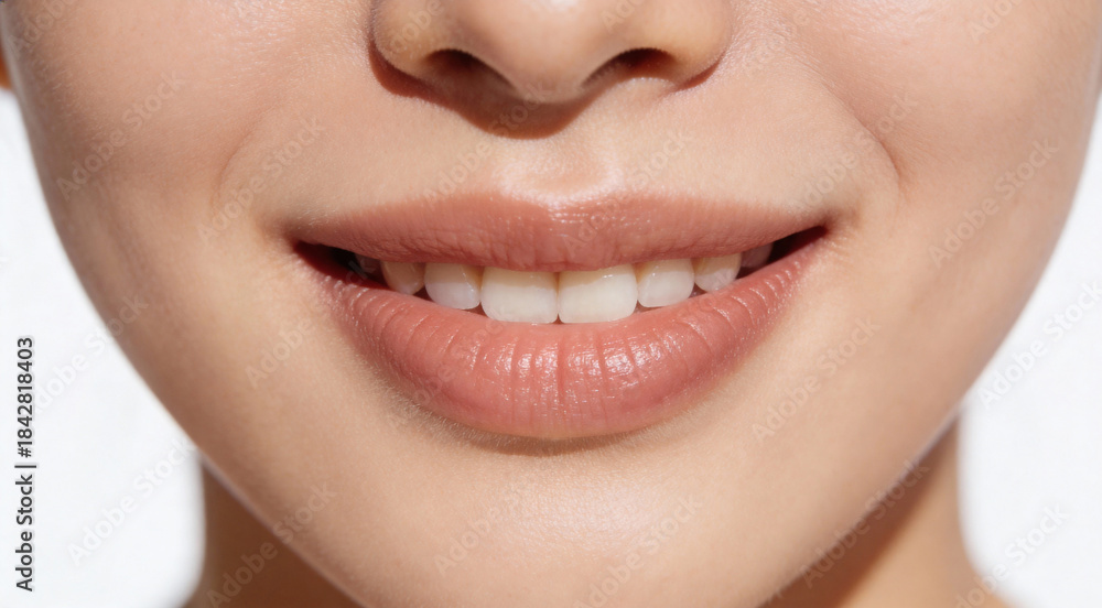 Obraz premium Extreme close-up of a delicate smile with soft lip curves and subtle natural texture. Minimal composition with clean studio lighting, detailed and realistic macro aesthetic