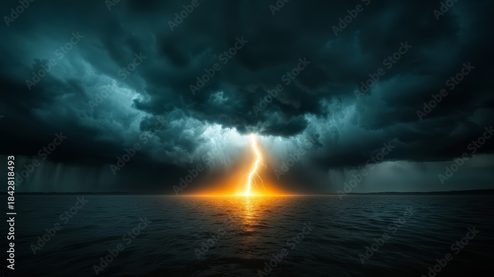 Obraz premium Dramatic lightning strike over ocean stormy skies nature photography serene yet chaotic environment atmospheric perspective power of nature