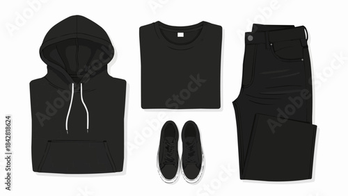 Flat lay of a complete black casual outfit for men, including a hoodie, t-shirt, jeans, and sneakers.