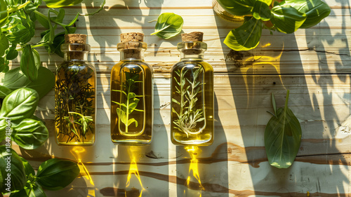 Three herbal oil bottles with fresh herbs on textured wooden surface illuminated by warm sunlight and dynamic shadows.
